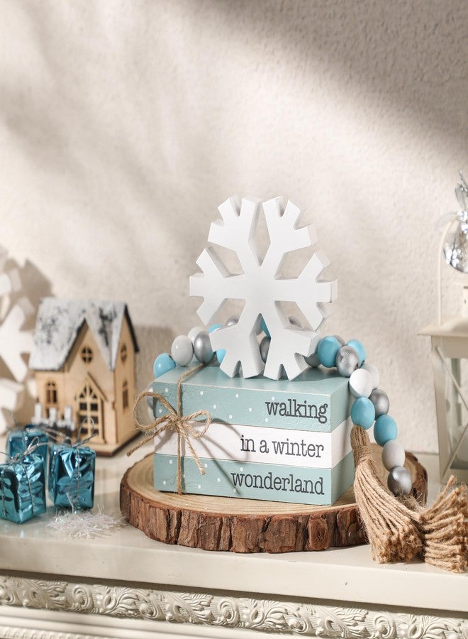 WODOHOLO 5Pcs Winter Wooden Tiered Tray Decor, Wooden Book Stacks Bundle with Snowflake Table Decor, Blue Xmas Rustic Farmhouse Tabletop Centerpieces Home Kitchen Decoration - Image 5